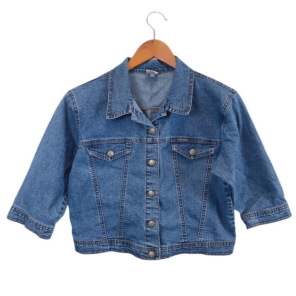 Premium Y2K PAZZO Crop‎ Jean Denim Button Down Jacket Small 3/4 Sleeve Vintage